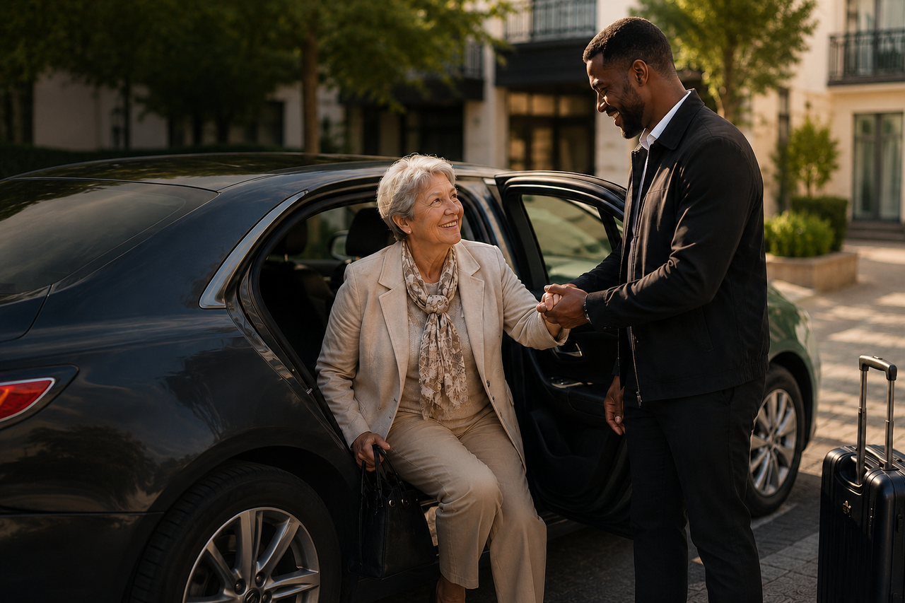 Chauffeur accompagnateur TMOTIV aidant une passagère à la descente du véhicule